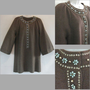 Short embellished dress M Wool knit Tunic Brown Jewels Belled sleeve Tracy Reese